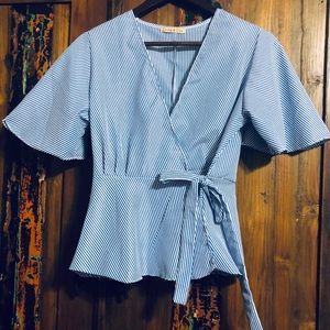 Blue and white wrap top